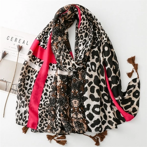 Leopard Print Fashion Scarf Women Rose Pink Stripe Polyester Cotton Linen Feel Tassel Travel Shawl Accessory