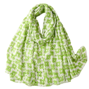 Mint green floral linen scarf for women with gold foil polka dots and flower pattern