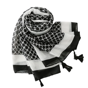 Cotton linen scarf with black and white geometric ring patterns and decorative tassels