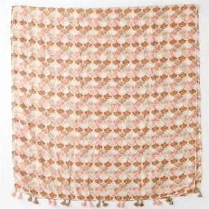 Linen feel scarf with vintage scallop shell pattern and decorative fringe tassels