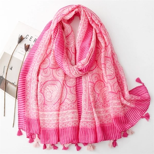 Bohemian Mandala Print Scarf Shawl With Tassel Fringes Cotton Linen Feel Lightweight Sun Protection Beach Wrap For Women