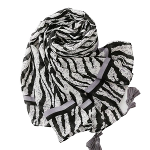 Lightweight zebra and leopard print scarf with grey tassels for summer sun protection