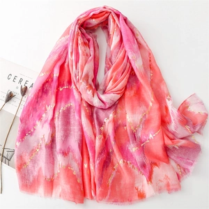 Pink gradient cotton-linen scarf with gold foil hearts and soft fringed edges