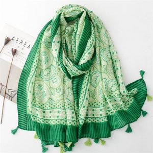 Linen feel floral scarf with green fringe and lotus patterns for spring and summer