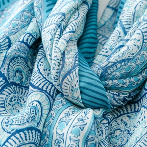 Macro view of blue and white lotus pattern scarf with bohemian paisley texture details