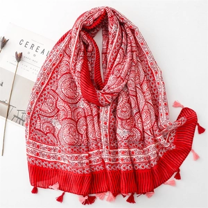 Linen feel floral scarf with red lotus pattern and decorative tassels for women