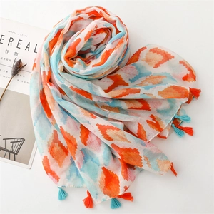 Colorful geometric diamond pattern sun protection scarf with orange and teal tassels