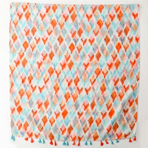 Lightweight summer scarf with colorful geometric diamond pattern and decorative tassels
