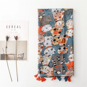Écharpe en coton et lin avec motifs de chats mignons et pompons pour la protection solaire