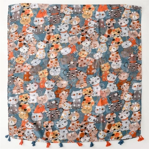 Écharpe en coton et lin avec imprimés de chats mignons et pompons pour la protection solaire