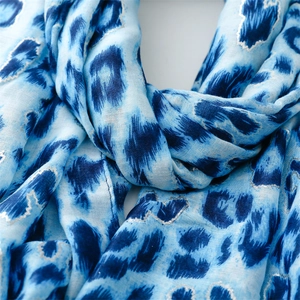 Detail of blue leopard print scarf with silver metallic thread and woven texture