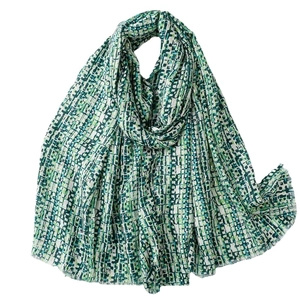 French style pixelated green and white linen-feel scarf with elegant gold stamping and fringes