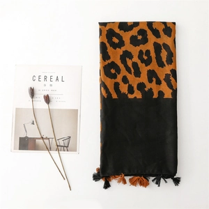 Chic leopard print scarf with fringe trim, gradient brown and black cotton-linen shawl