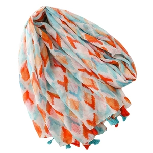 Colorful geometric print scarf with decorative fringe tassels for women summer sun protection
