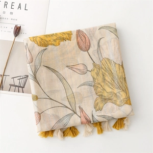 Detail of floral linen-feel scarf with silver thread and yellow flower patterns