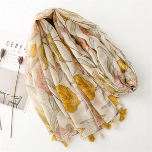 Floral cotton linen scarf in beige with yellow flower print and fringe detail