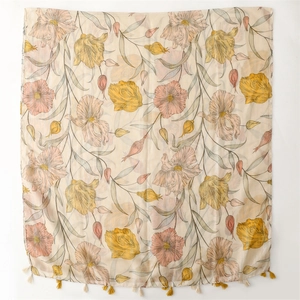 Lightweight cotton-linen feel floral scarf with yellow flowers and fringe tassels