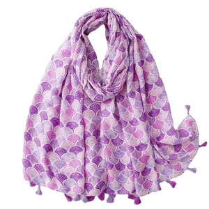 Purple fan-patterned scarf with elegant silk tassels for women's spring and autumn fashion