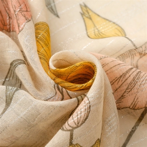 Macro detail of floral cotton-linen scarf with silver metallic silk threads