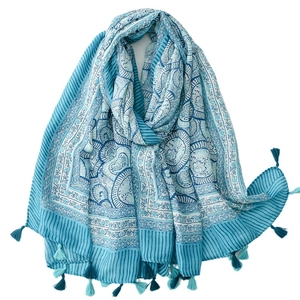Bohemian style linen-feel scarf with lotus patterns and tassels for spring summer