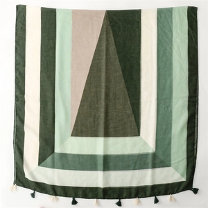 Lightweight green geometric pattern cotton scarf with fringe trim for sun protection