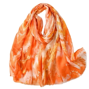 Linen feel scarf for women with orange ink texture and gold stamping detail