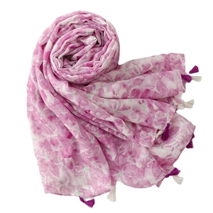 Pink floral print shawl with fringe tassels, lightweight summer scarf for women