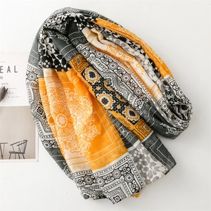 Mustard yellow bohemian geometric pashmina shawl with tassel texture and mandala patterns