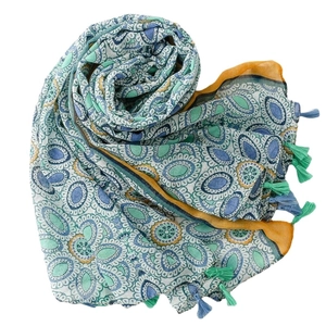 Ethnic geometric shawl with mandala patterns and multicolored tassels on white background