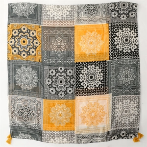 Bohemian geometric cotton linen feel scarf with mandala patterns and yellow tassels
