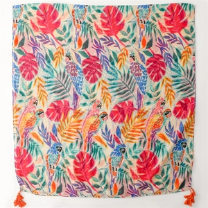Fashionable tropical parrot leaf print scarf with bright orange tassels on ends