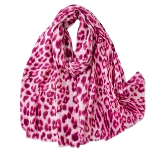 Pink leopard print scarf with fringe edges in soft cotton linen feel for women