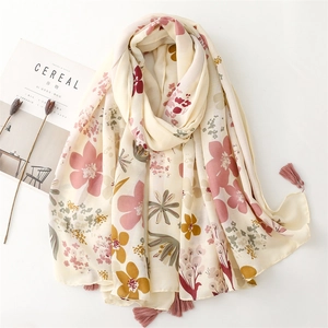Écharpe Châle Imprimé Floral Polyester Sensation Coton Lin Franges Élégantes Protection Solaire Légère Femmes Voyage