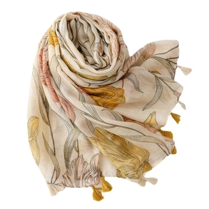 Lightweight floral cotton scarf with yellow tulip print and fringed tassels for women