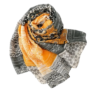 Bohemian herringbone scarf in mustard orange and geometric prints for women
