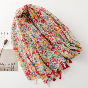 Floral print cotton linen feel scarf with colorful tassels for women summer shawl