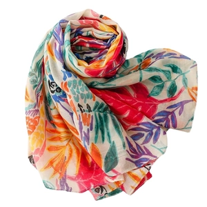 Tropical parrot and leaf print lightweight cotton-linen scarf for women in bright colors