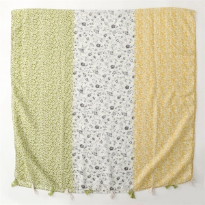 Green and yellow floral cotton-linen scarf with bohemian tassels for women