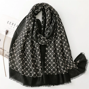 Geometric Pattern Scarf Shawl For Women Satin Cotton Polyester Soft Lightweight Frayed Edge Tassel Wrap Fashionable Versatile