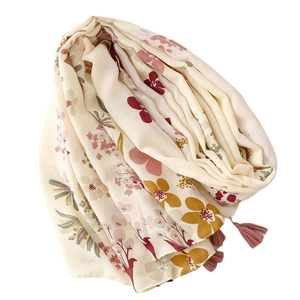 Châle fleuri beige élégant avec imprimés vintage et glands colorés pour femmes