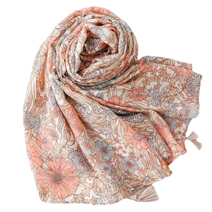 Floral cotton linen scarf with silver silk thread and fringe details for women