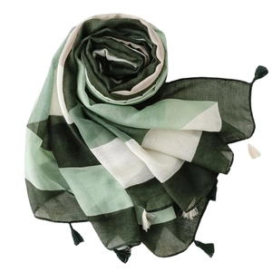 Green geometric cotton linen scarf with elegant tassels and lightweight breathable texture