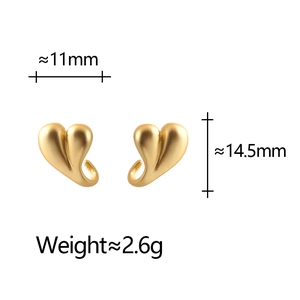 Detail view of heart-shaped matte gold earrings with dimensions 11mm by 14.5mm