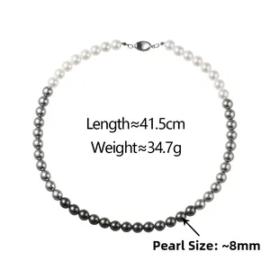 Detail of 8mm gradient pearl necklace showing 41.5cm length and secure metal clasp
