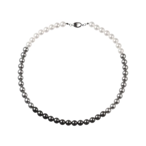 Macro detail of tricolor gradient pearl necklace showing white to black transition texture