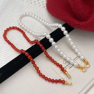 Double-layered natural agate and pearl necklace with sparkling zircon infinity clasp charm