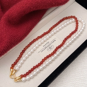 Double-layered red agate and pearl necklace with sparkling infinity zircon pendant