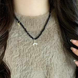Mermaid Tail Whale Tail Pendant Necklace Copper With Imitation Artificial Pearls And Black Faceted Beads Inlaid Zircon Jewelry For Women
