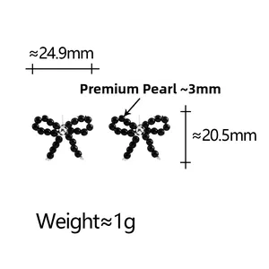 Detailed size chart of black pearl bow earrings with 3mm pearls and 1g weight metrics