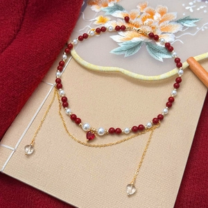 Copper Beaded Necklace With Simulated Artificial Pearl Red Heart Zircon Pendant Tassel Vintage Korean Style Jewelry For Women